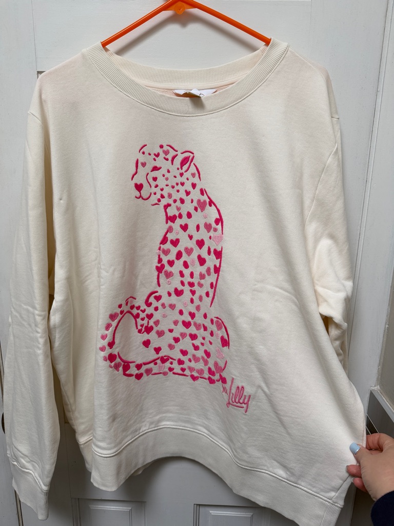 Lilly Pulitzer Pink Heart Cheetah Graphic Sweatshirt - Cream Size Xl
